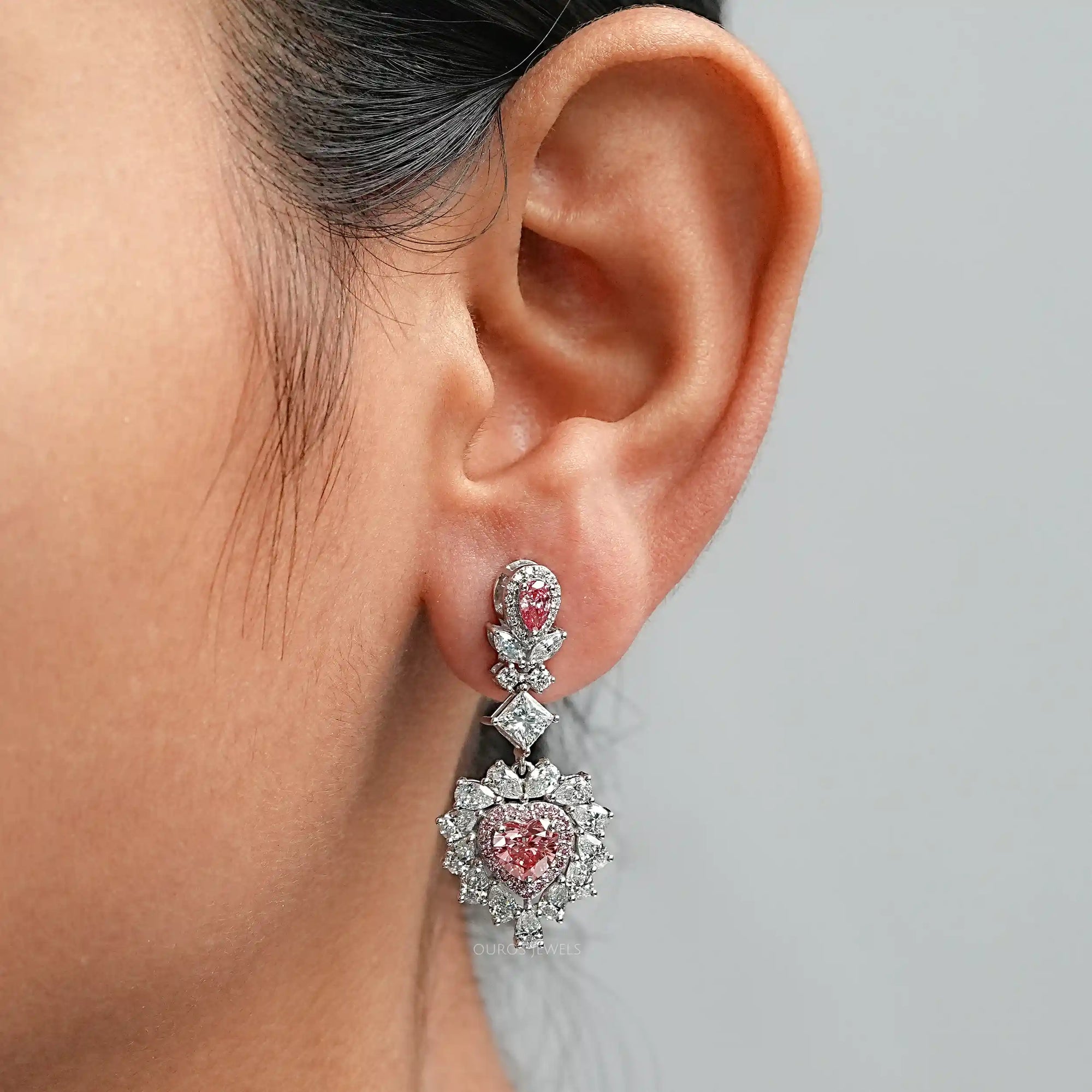Pink Heart Lab Diamond Double Halo Drop Earrings Earrings