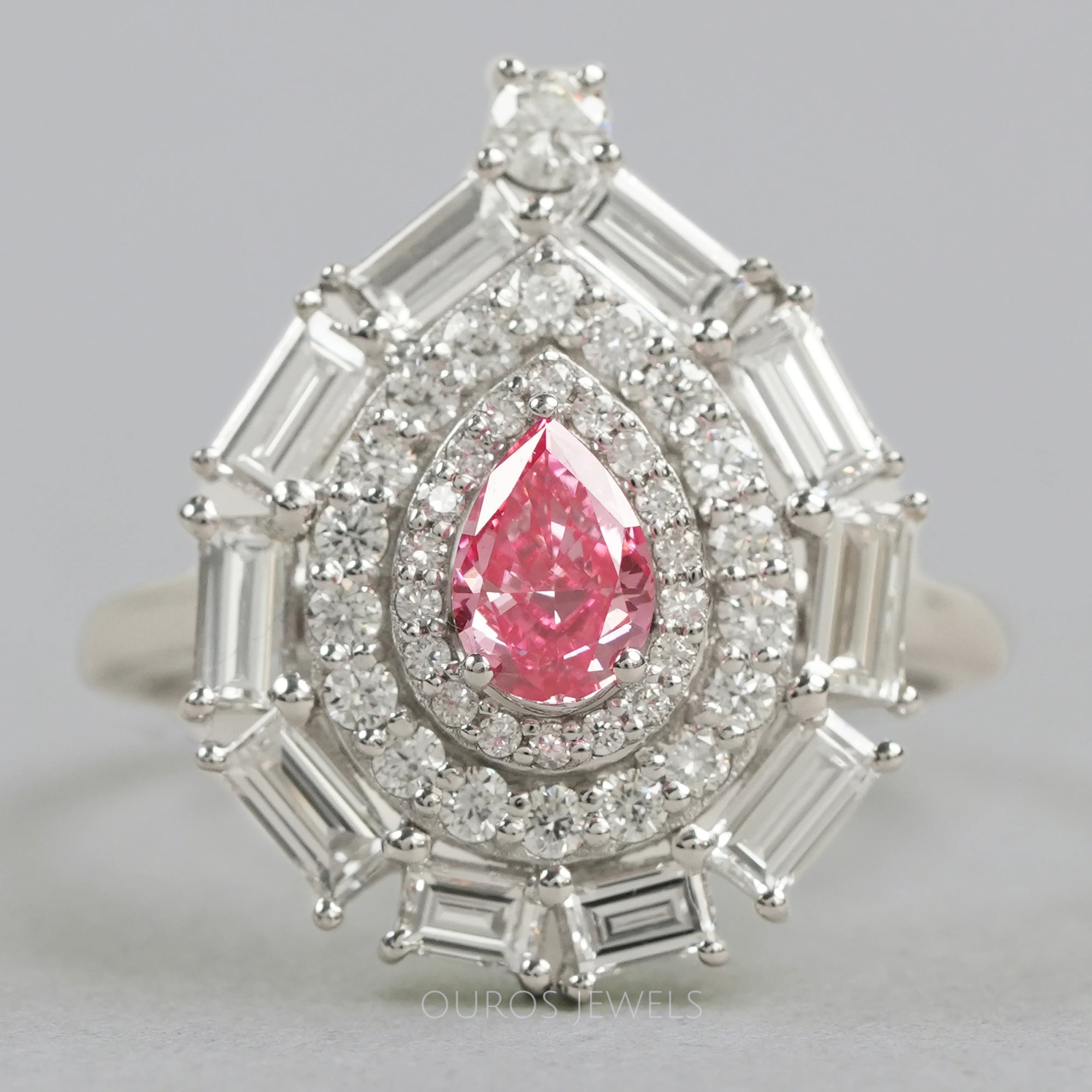 Baguette And Round Double Halo Diamond Ring