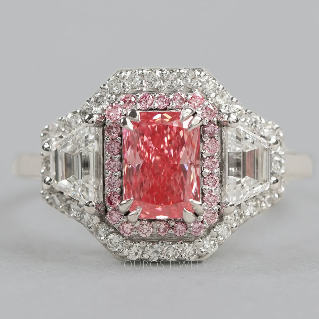 pink radiant and trapezoid cut diamond halo engagement ring's front view