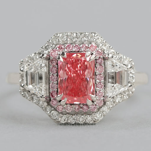 pink radiant and trapezoid cut diamond halo engagement ring's front view