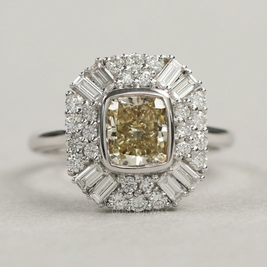 Yellow Cushion Cut Bezel Set Cluster Diamond Ring