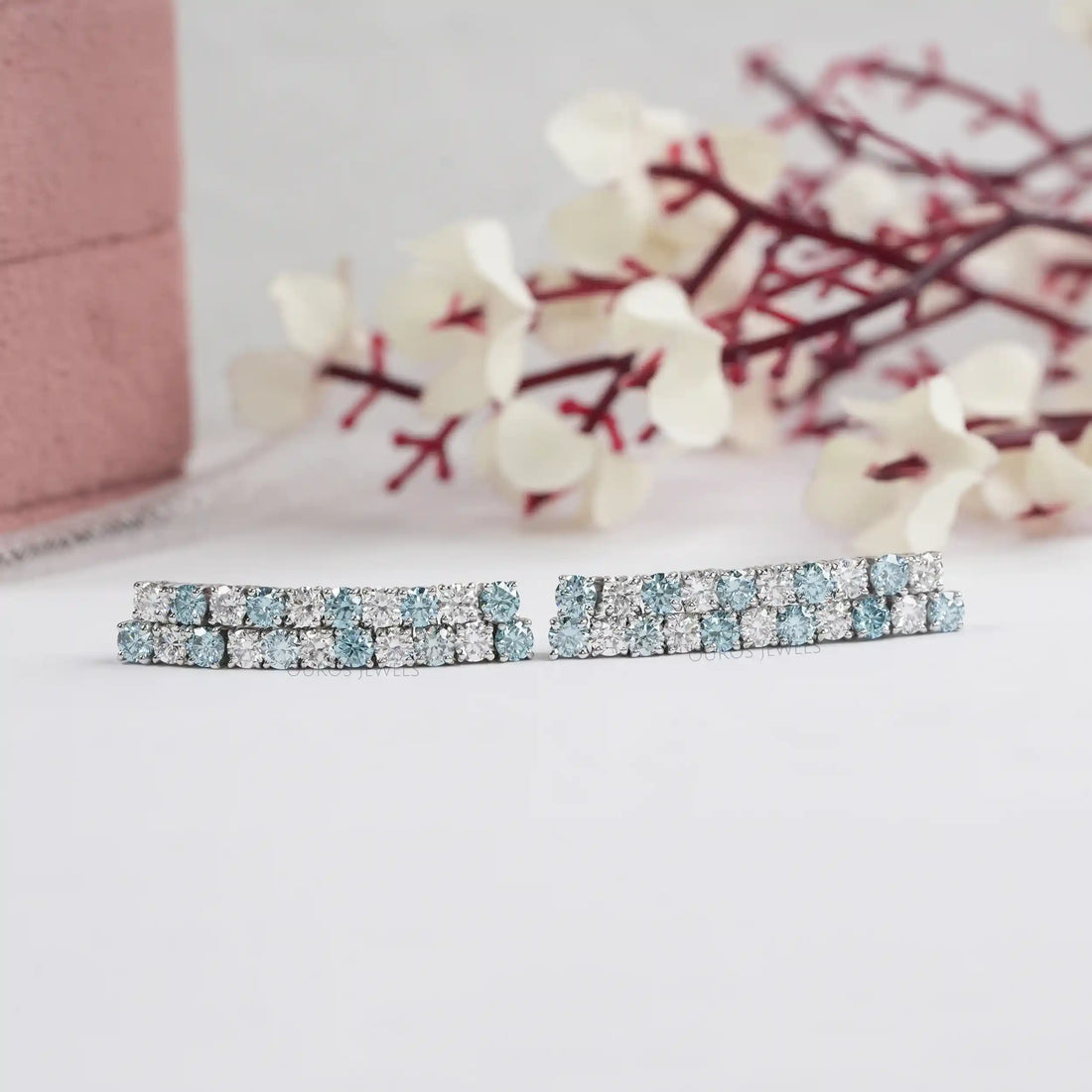 Double Row Blue Round Lab Diamond Earrings Earrings