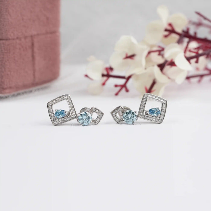 Blue Pear And Round Lab Diamond Drop Earrings