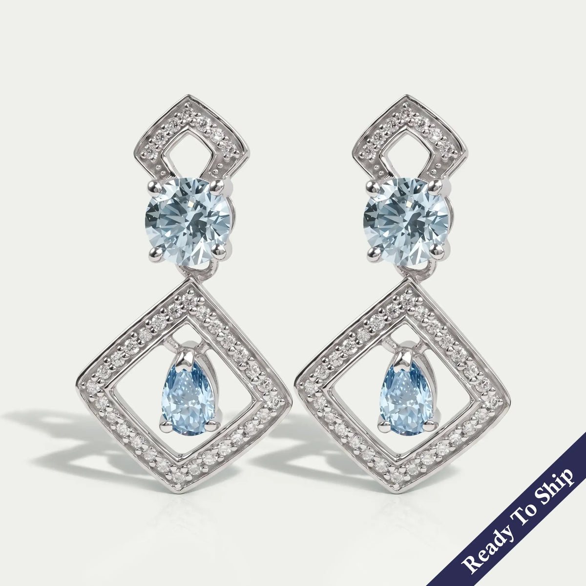 Blue Pear And Round Lab Diamond Drop Earrings