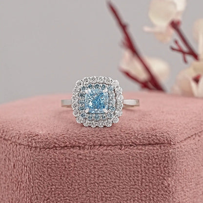 Blue Cushion Cut Lab Diamond Double Halo Ring Ring