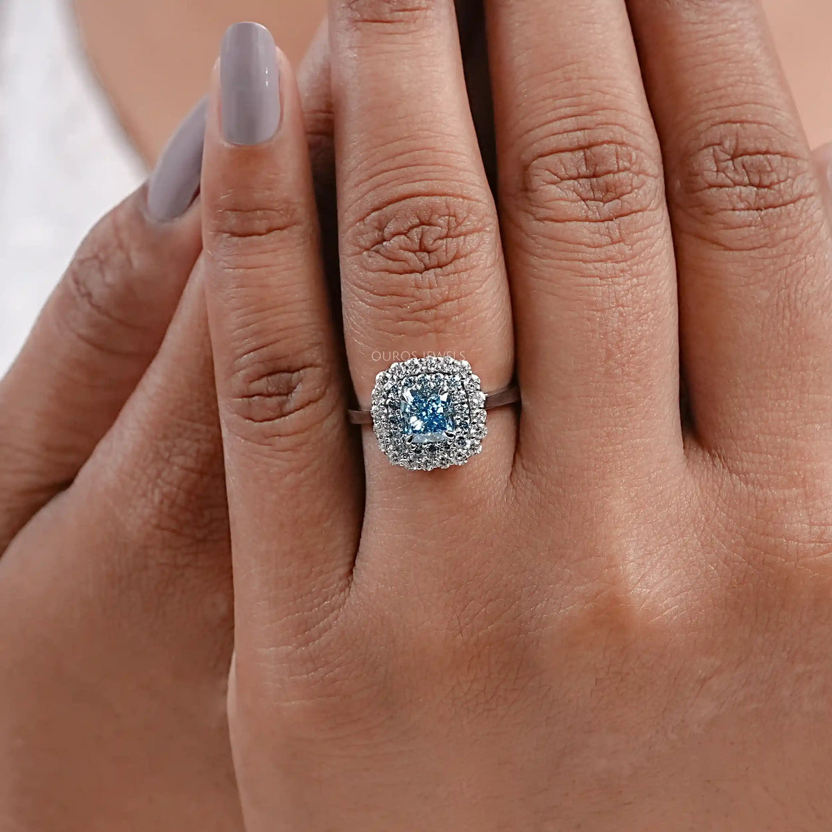 Blue Cushion Cut Lab Diamond Double Halo Ring Ring