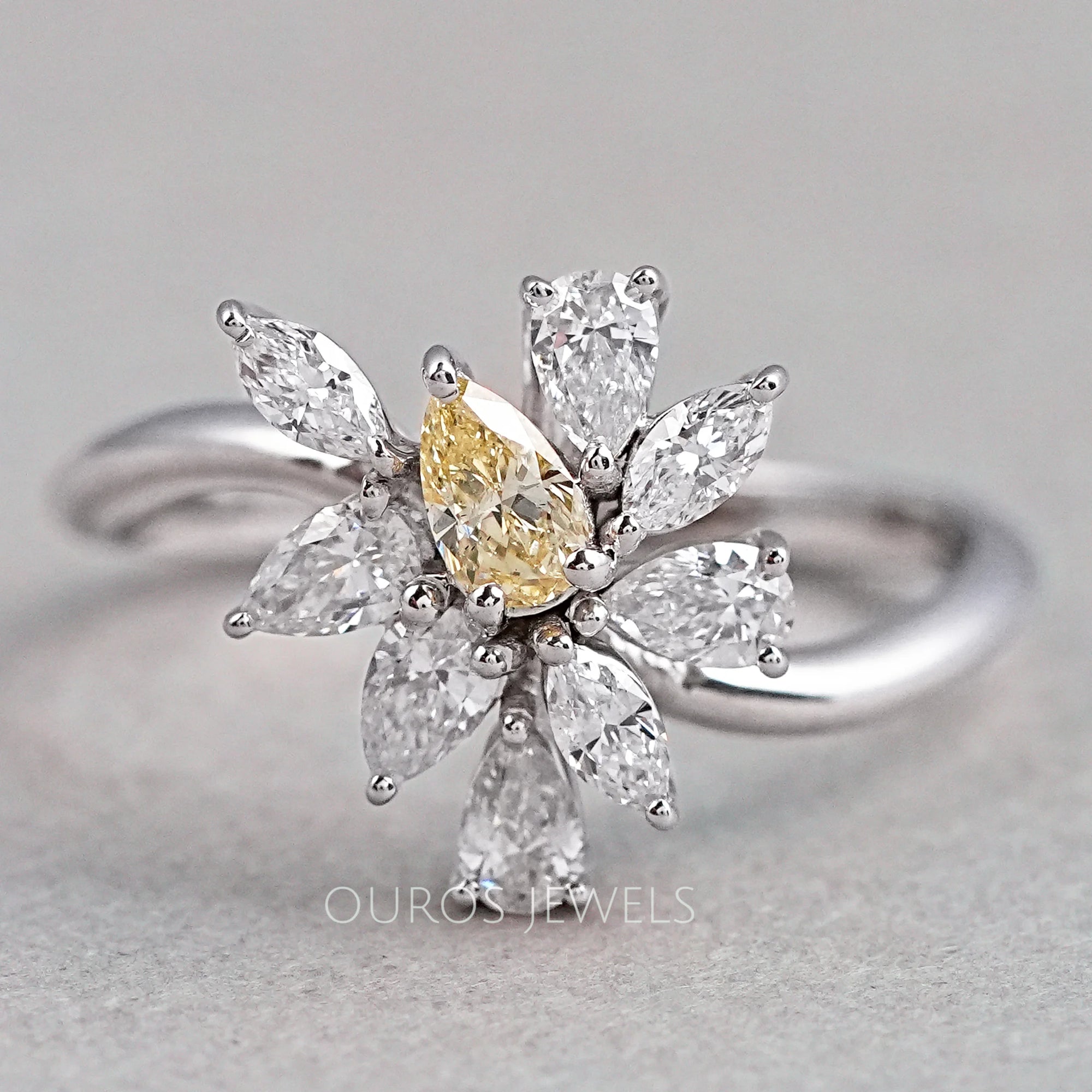 Fancy Yellow Pear And Marquise Cut Cluster Diamond Ring