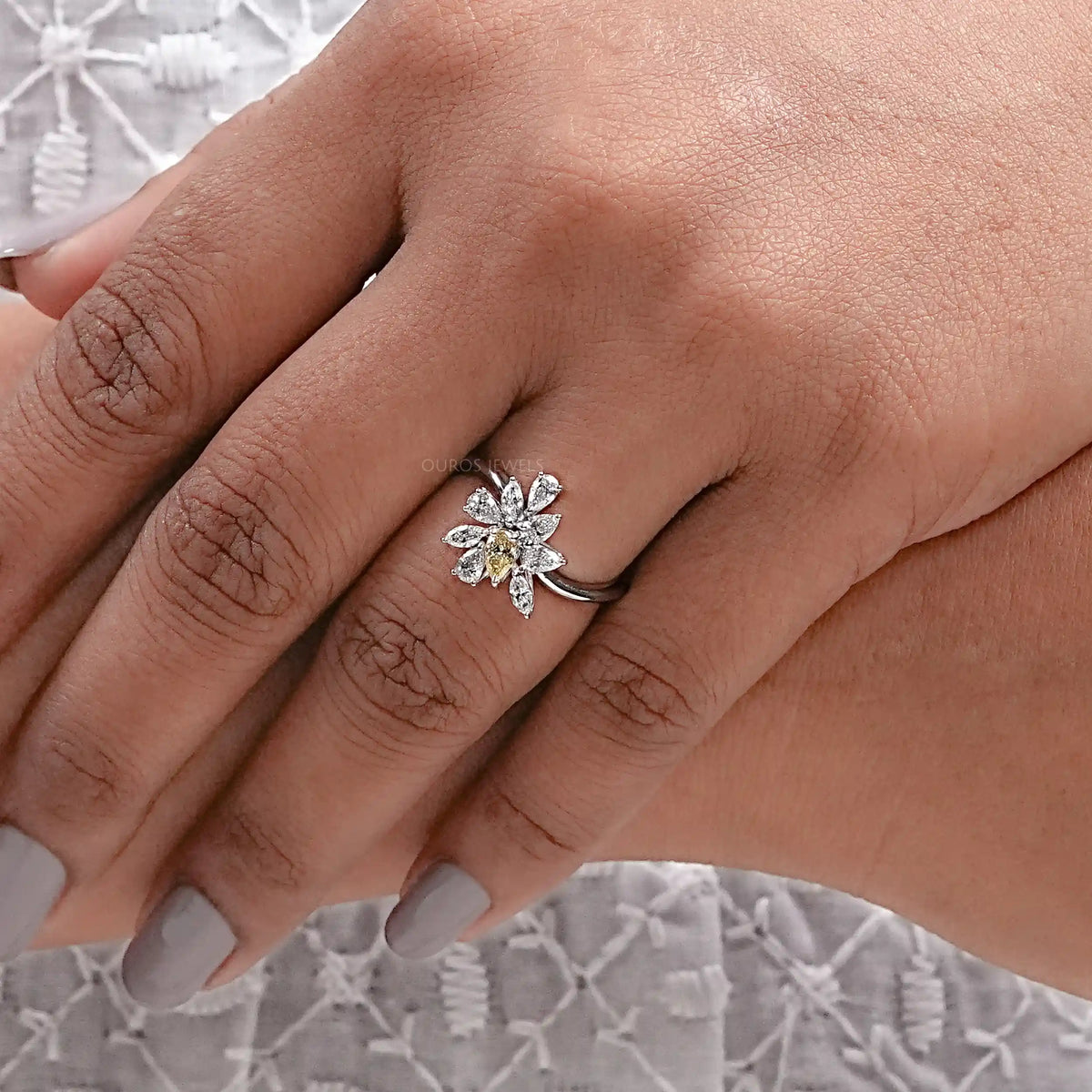 Yellow Pear And Marquise Cut Lab Diamond Cluster Set Ring Ring