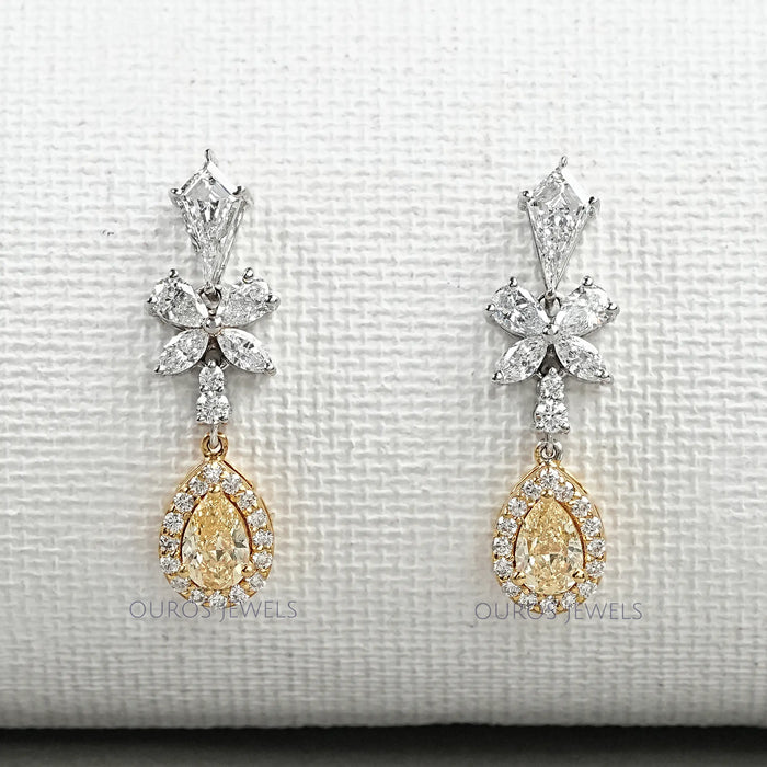 Boucles d'oreilles pendantes en forme de poire jaune et diamant