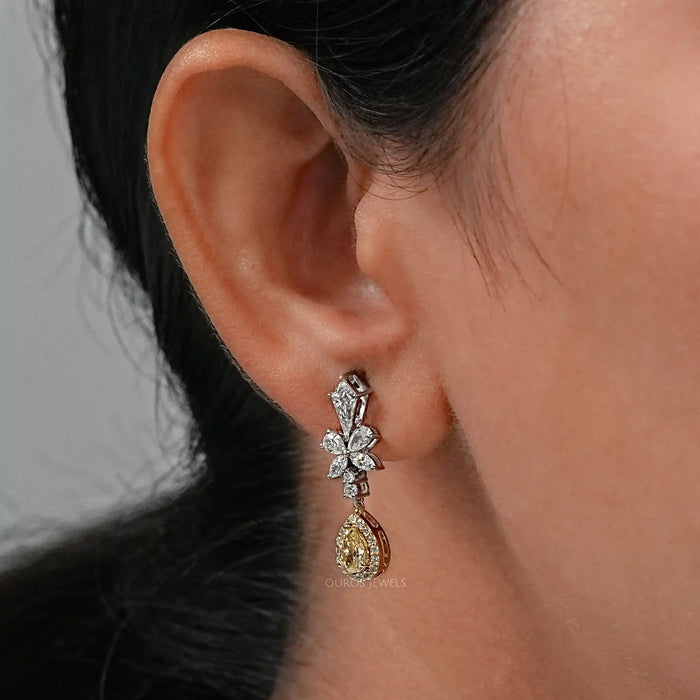 Yellow Pear Lab Diamond Halo Dangle Earrings