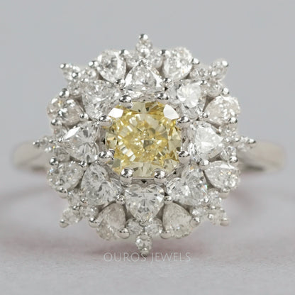 Heart And Pear Shape Halo Sunburst Ring - Cushion Shape