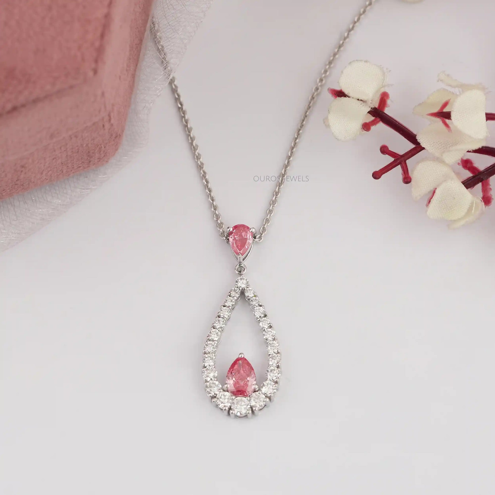 Pink Pear Diamond Open Shape Pendant Necklaces