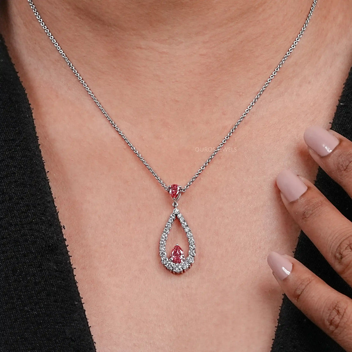 Pink Pear Diamond Open Shape Pendant Necklaces