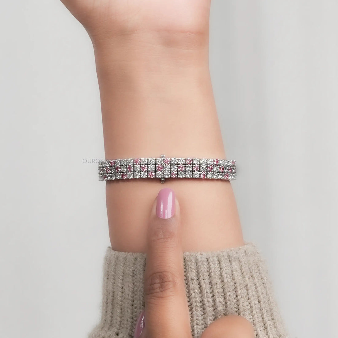 Three Row Pink Round Diamond Tennis Bracelet Bracelet