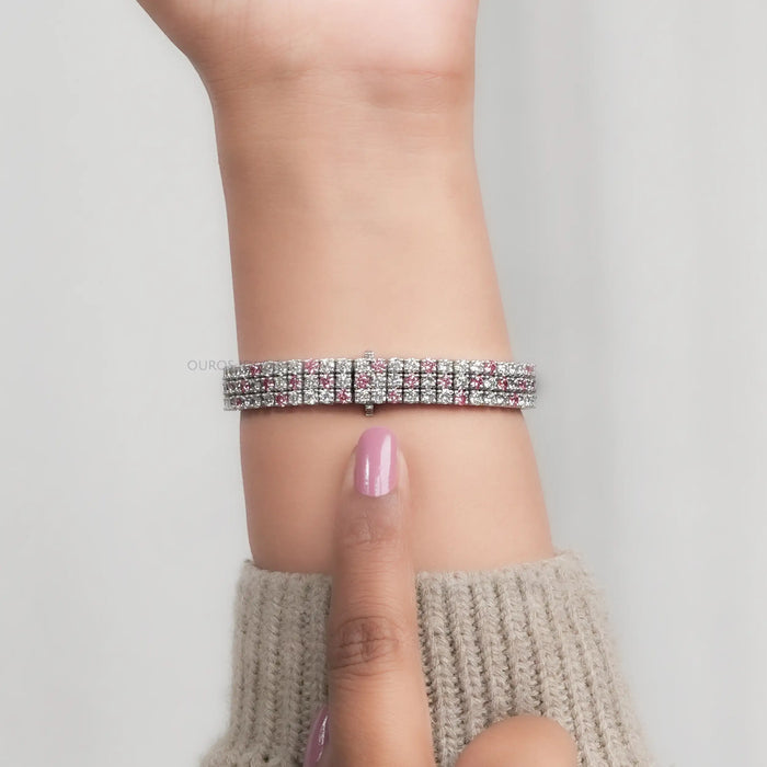 Three Row Pink Round Diamond Tennis Bracelet
