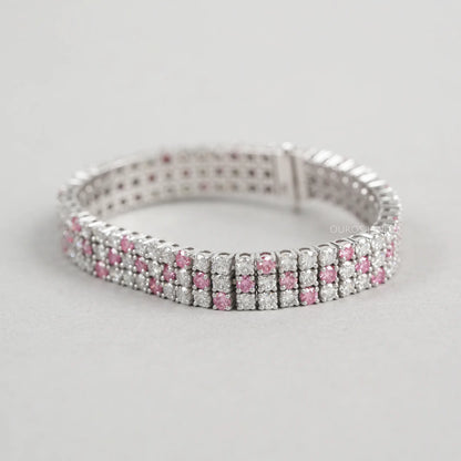 Three Row Pink Round Diamond Tennis Bracelet Bracelet