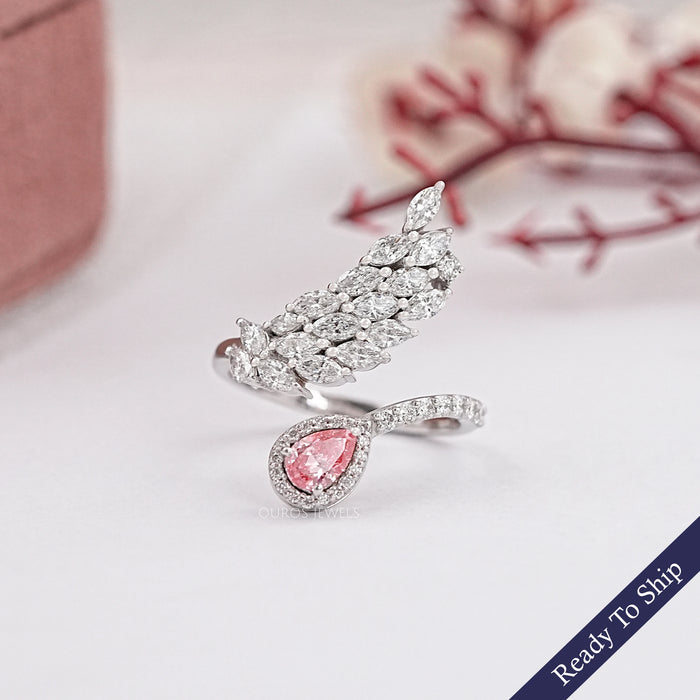 Pink Pear And Marquise Cut Diamond Leaves Style Bypass Ring