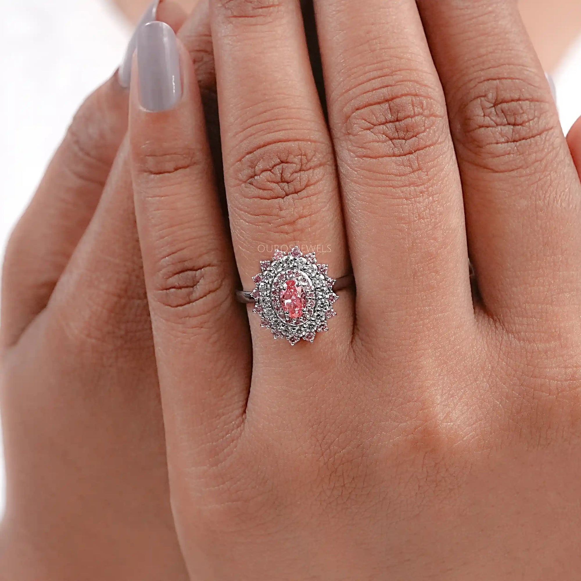Pink Oval Cut Lab Diamond Double Halo Engagement Ring Ring