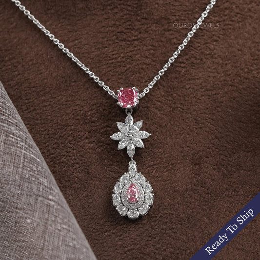 Pink Pear Diamond Double Halo Drop Pendant Necklaces