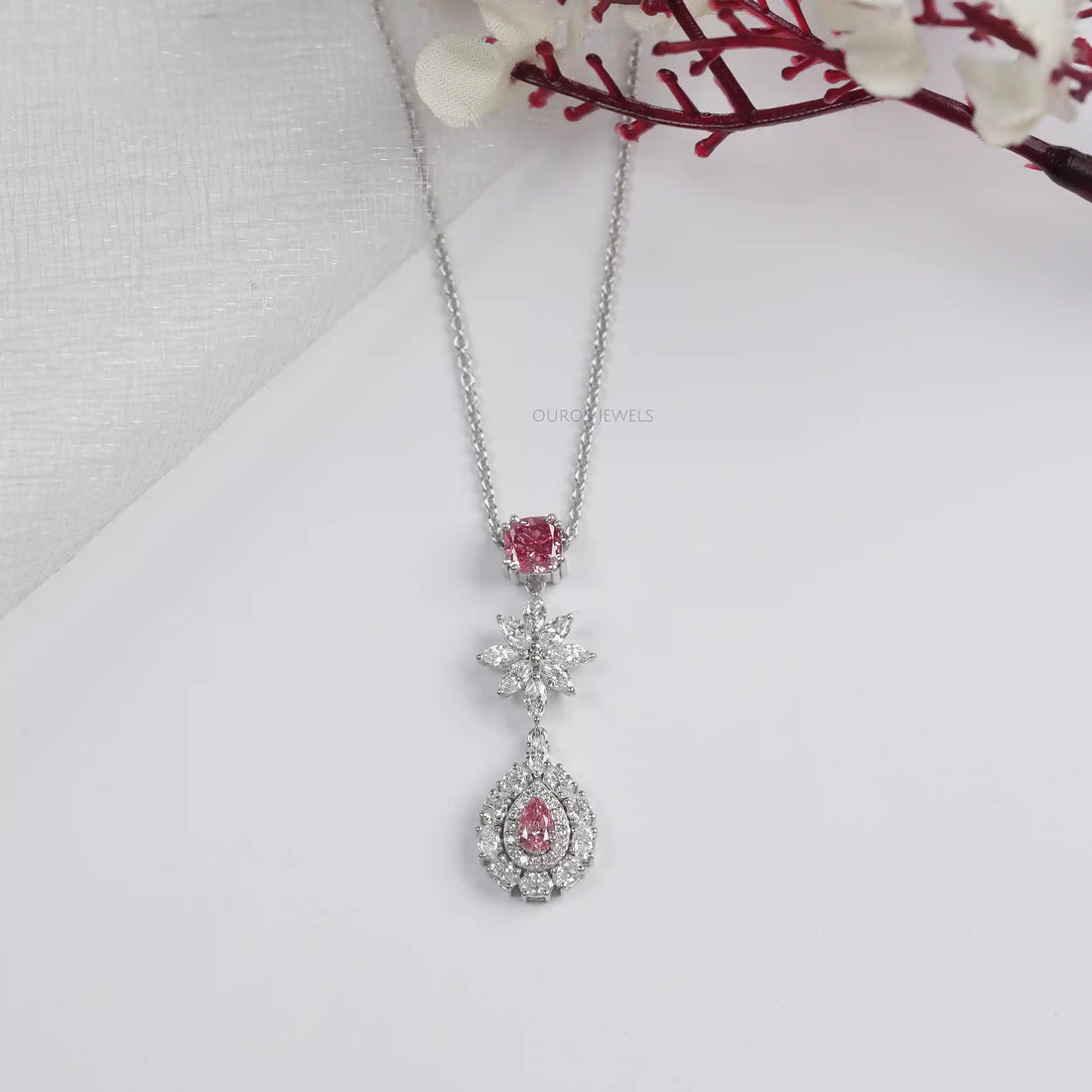 Pink Pear Diamond Double Halo Drop Pendant Necklaces