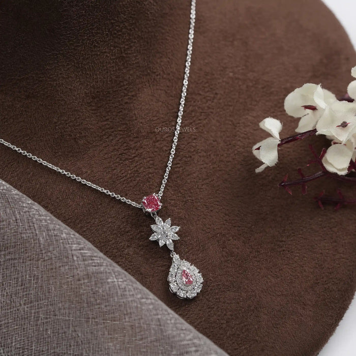 Pink Pear Diamond Double Halo Drop Pendant