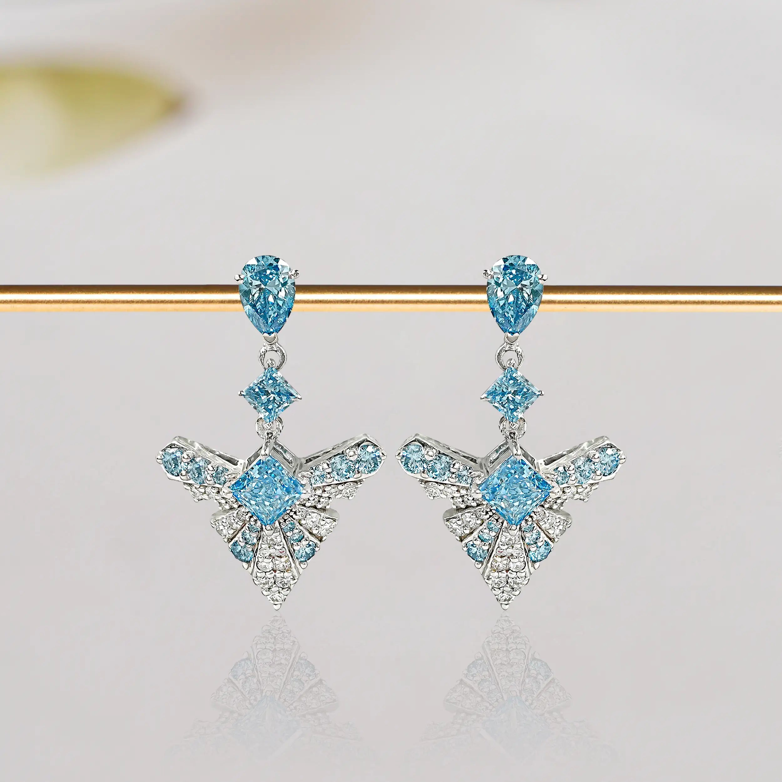 Blue Geometric Diamond Drop Earrings