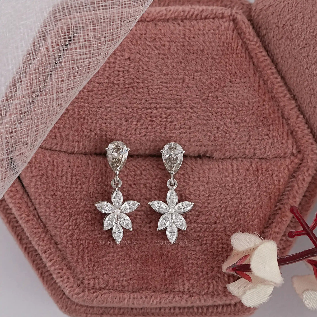 Olive Pear Lab Diamond Floral Drop Earrings Earrings