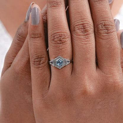 Blue Hexagon Cut Lab Diamond Three Stone Halo Ring Ring