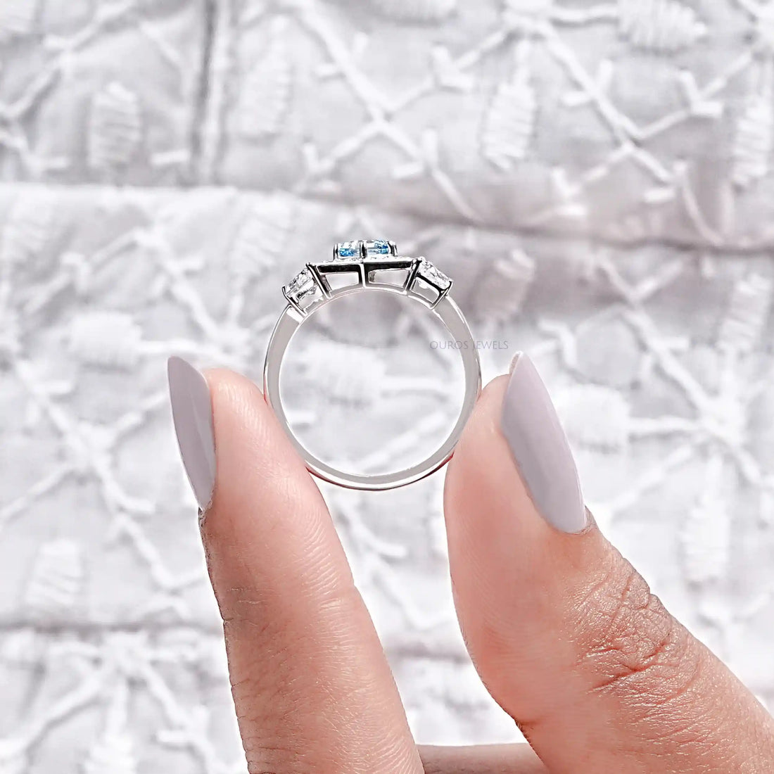 Blue Hexagon Cut Lab Diamond Three Stone Halo Ring Ring