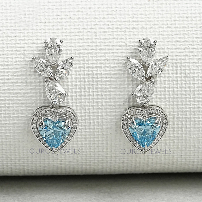 Blue Heart Halo Diamond Dangle Earrings