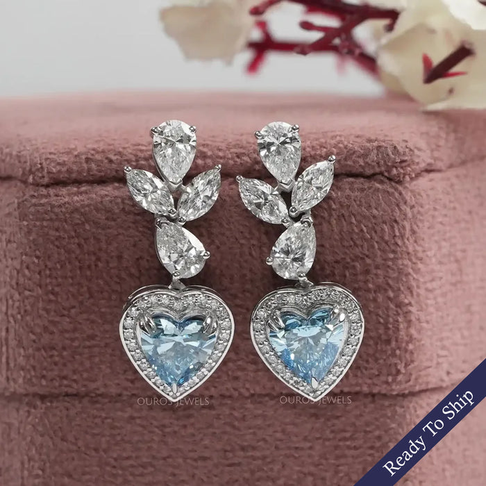 Blue Heart Lab Diamond Halo Drop Earrings