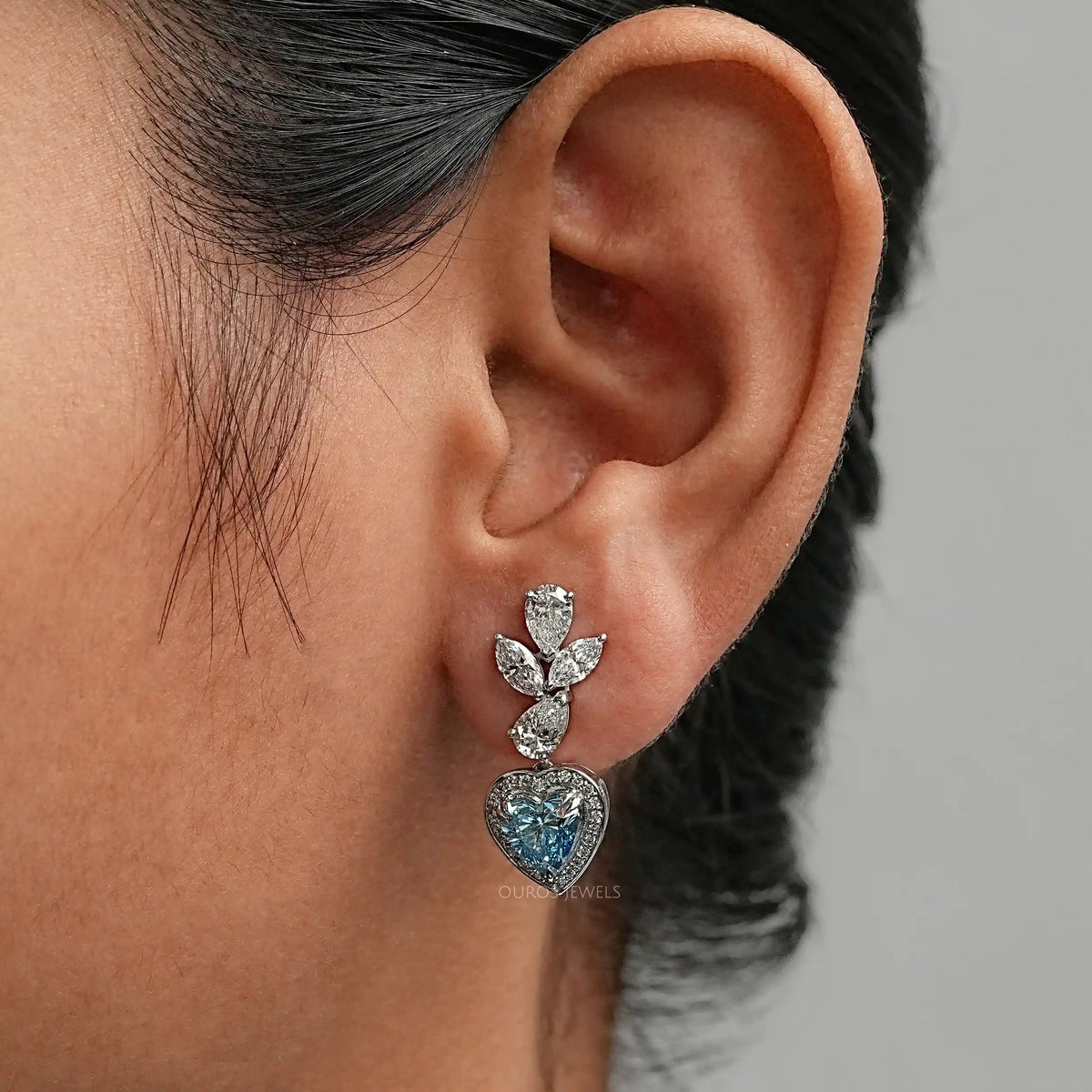 Blue Heart Lab Diamond Halo Drop Earrings Earrings