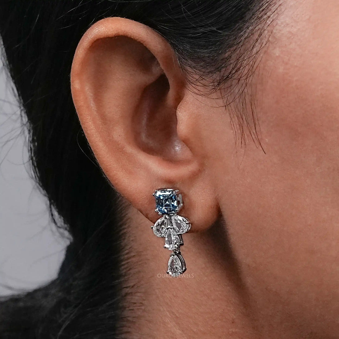 Blue Asscher Lab Diamond Drop Earrings Earrings