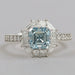 front view of fancy blue asscher-cut lab diamond halo colored engagement ring