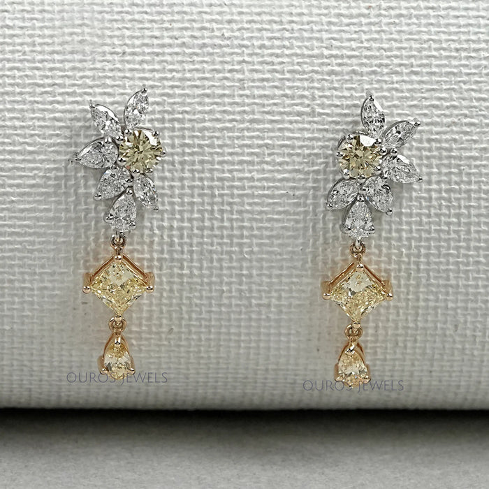 Boucles d'oreilles pendantes florales en diamant jaune et blanc