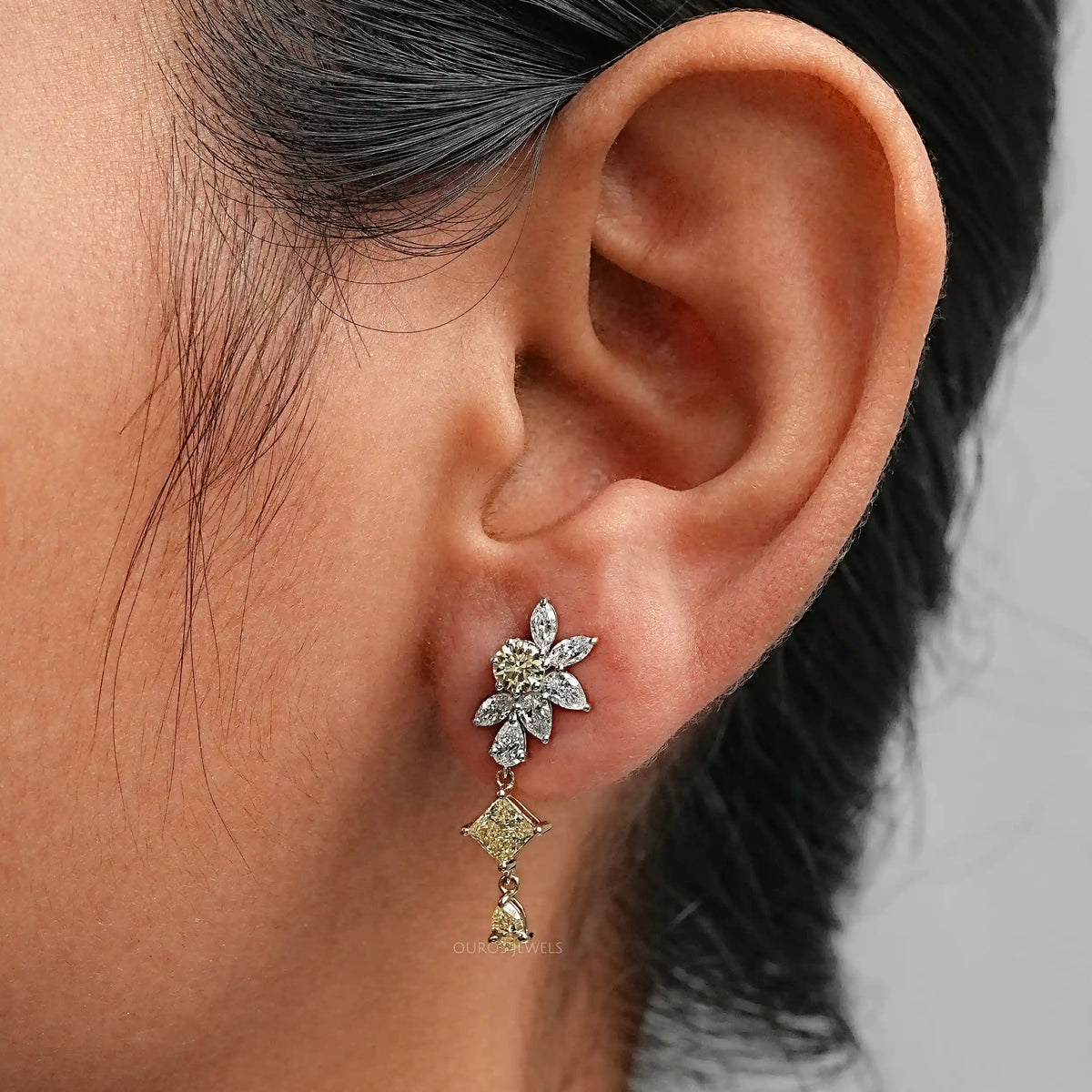 Yellow Princess Lab Diamond Floral Drop Earrings Earrings