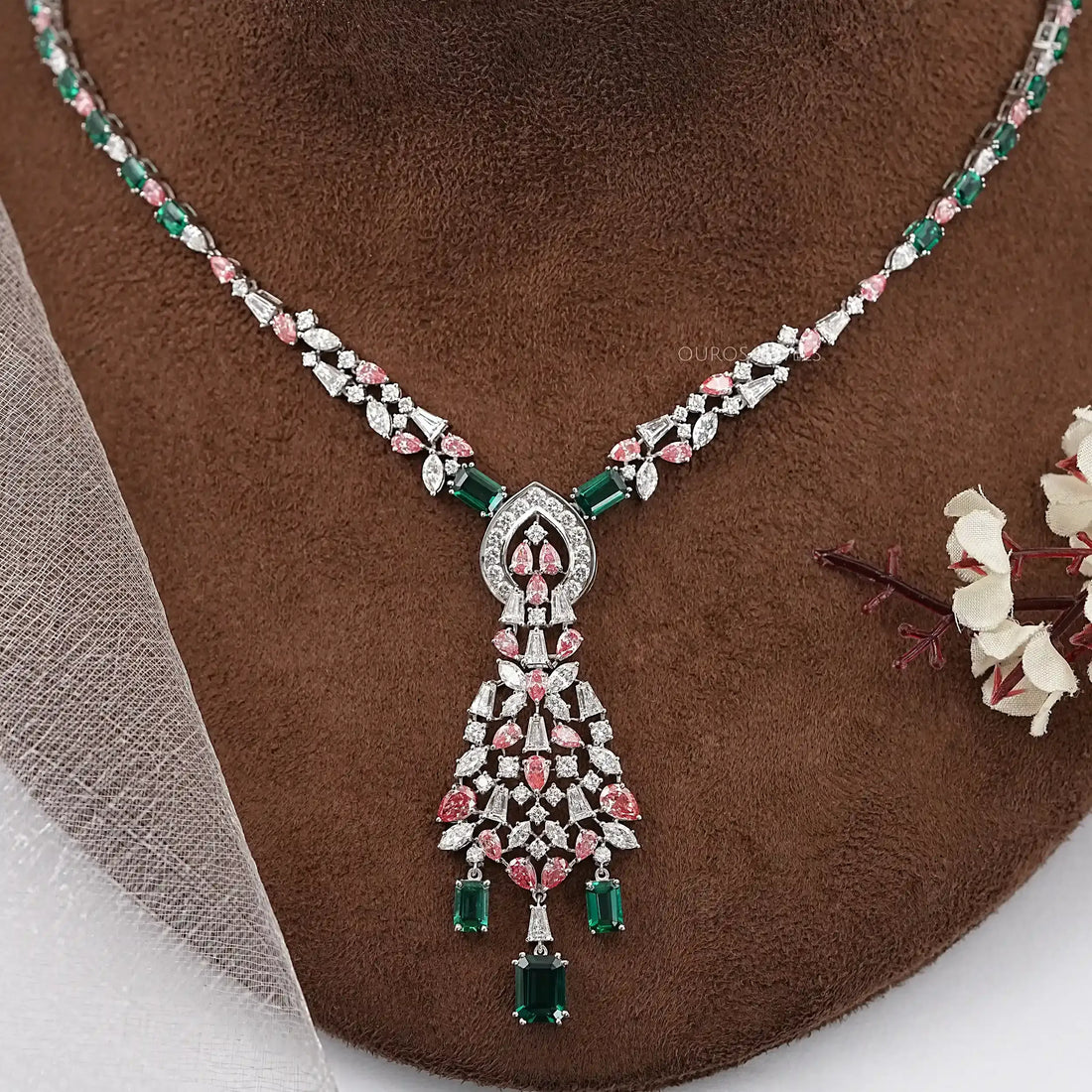 Green Emerald & Pink Pear Diamond Wedding Necklace