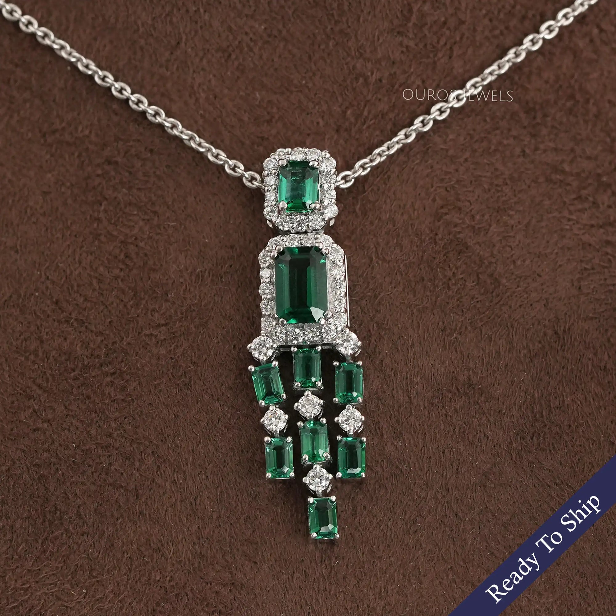 Green Emerald Gemstone Halo Chandelier Pendant Necklaces