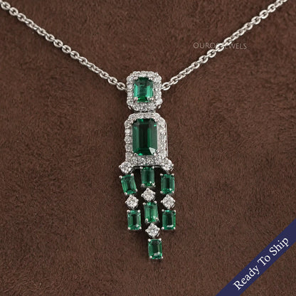 Green Emerald Gemstone Halo Chandelier Pendant Necklaces