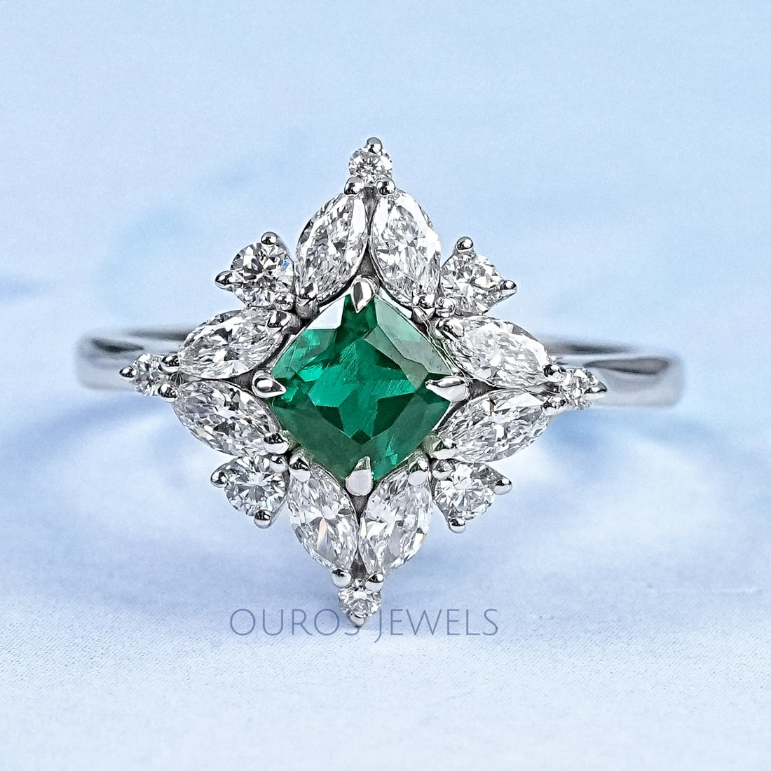 Lab Green Cushion Shape Halo Gemstone Ring Ring