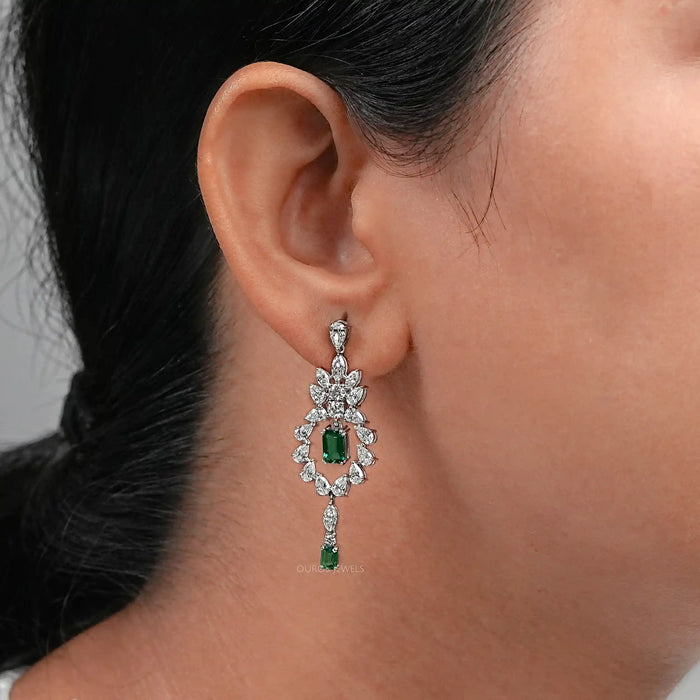 Green Emerald And Lab Diamond Dangle Earrings