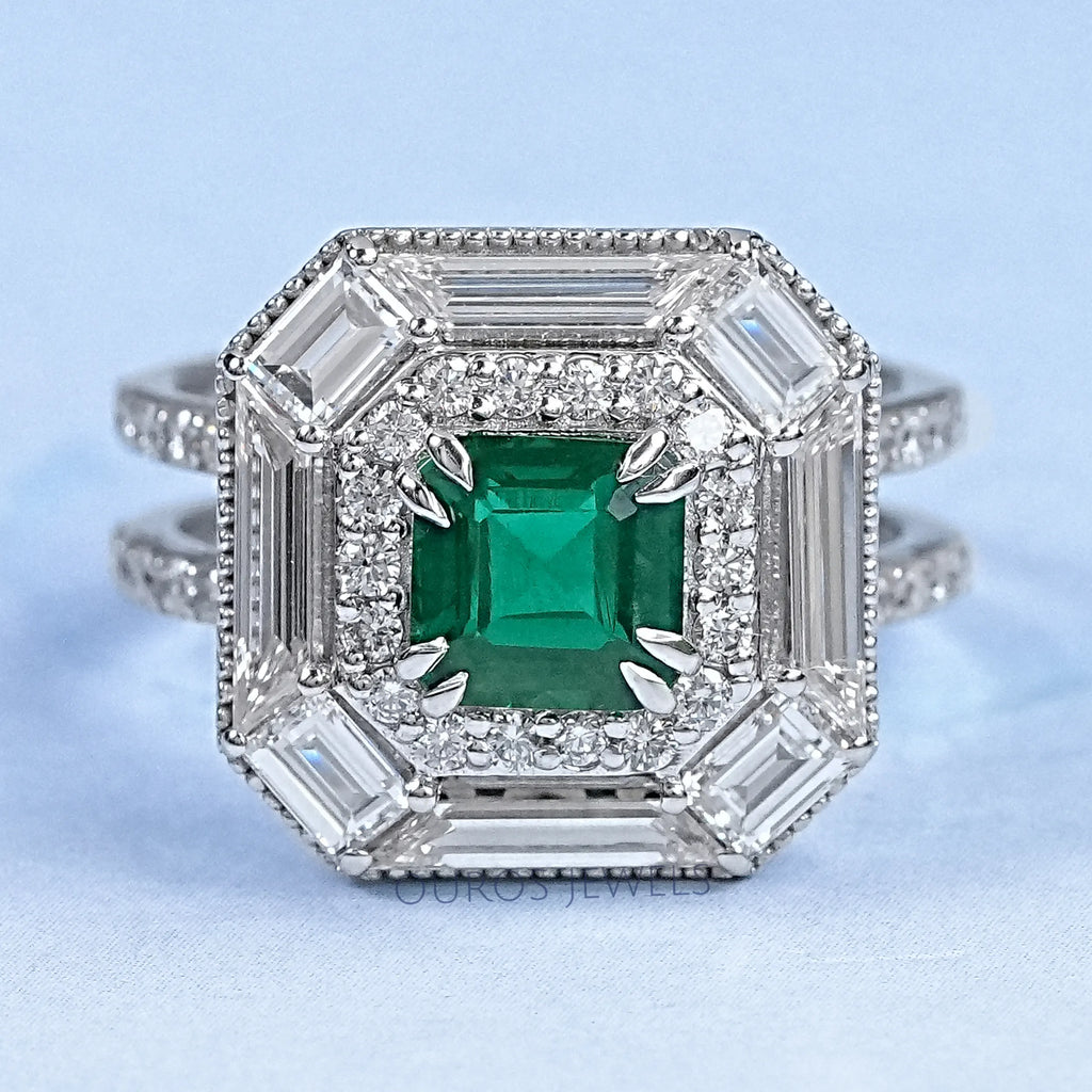 front view of green asscher cut gemstone diamond halo anniversary ring