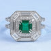 front view of green asscher cut gemstone diamond halo anniversary ring