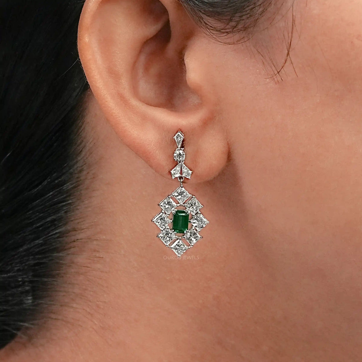 Green Emerald And Princess Diamond Halo Earrings Earrings