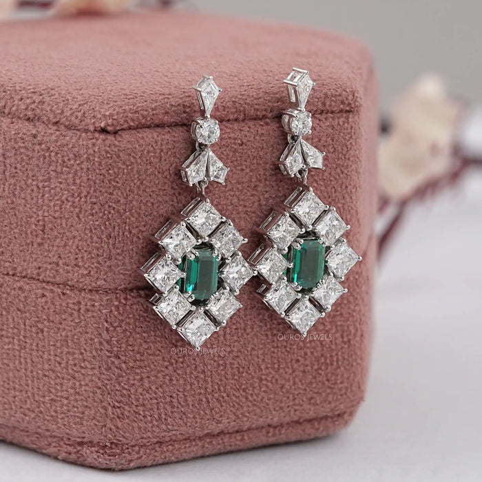 Green Emerald And Princess Diamond Halo Earrings