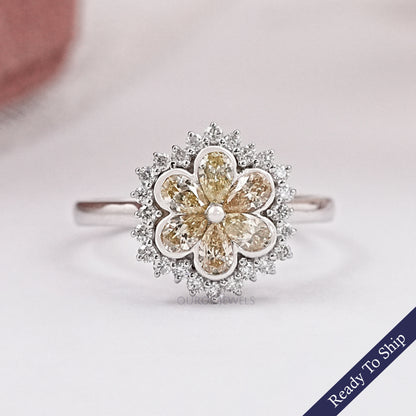 Yellow Pear Cut Lab Diamond Bezel Set Floral Style Halo Ring Ring