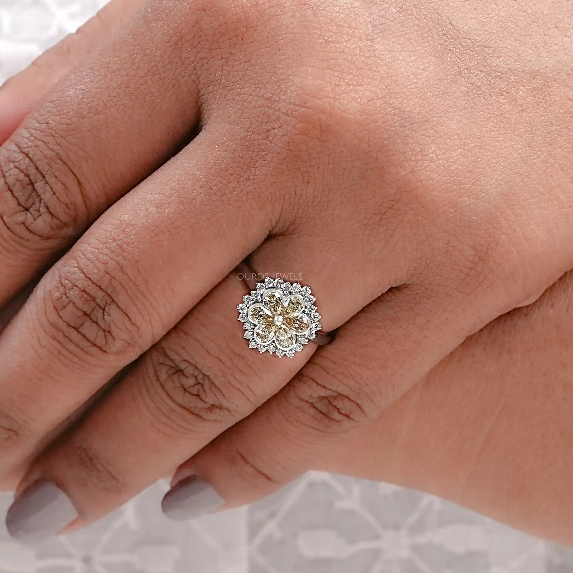 Yellow Pear Cut Lab Diamond Bezel Set Floral Style Halo Ring Ring