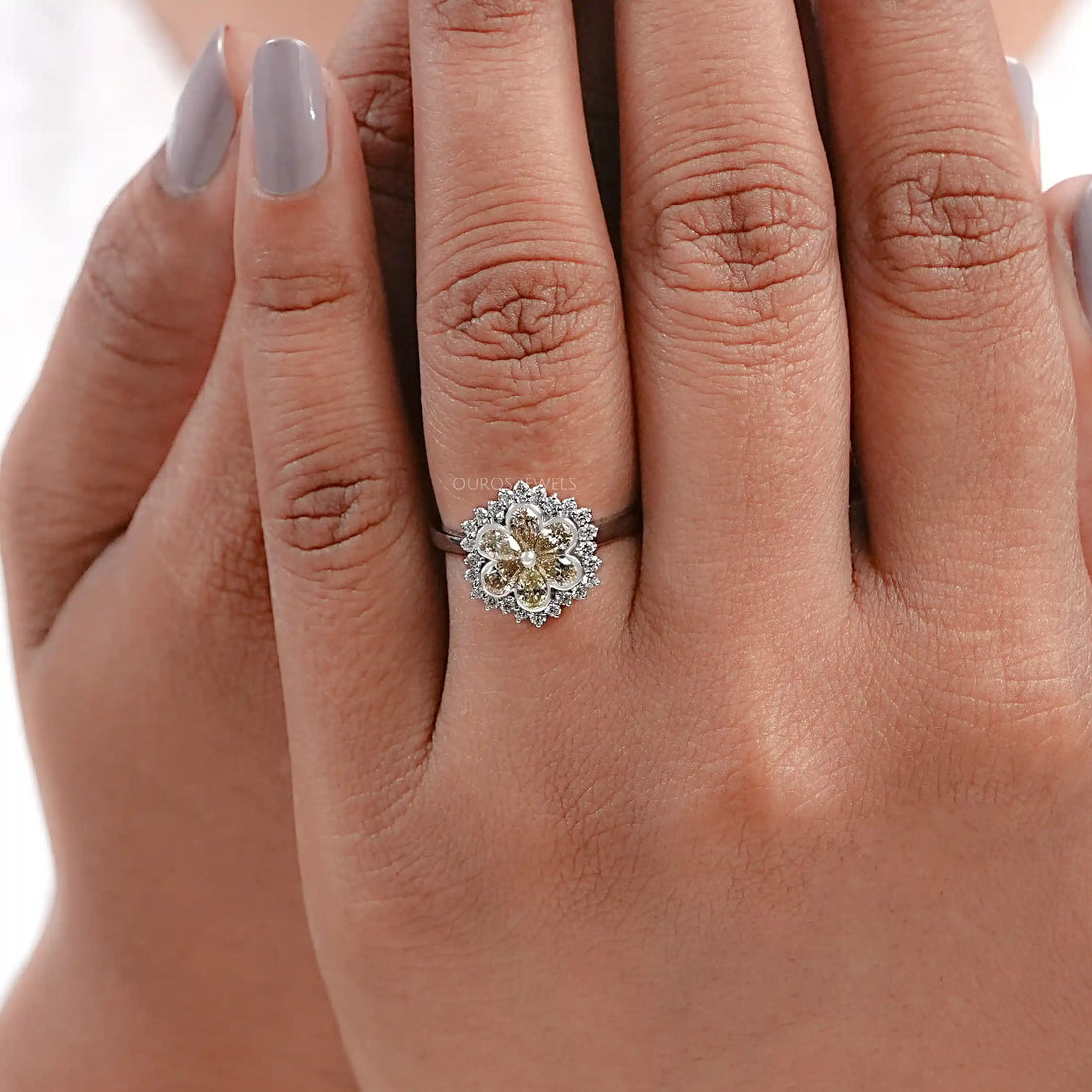 Yellow Pear Cut Lab Diamond Bezel Set Floral Style Halo Ring Ring