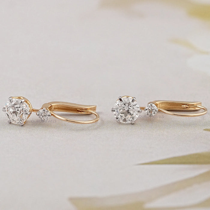 Boucles d'oreilles pendantes à deux pierres de style européen ancien, taille ronde