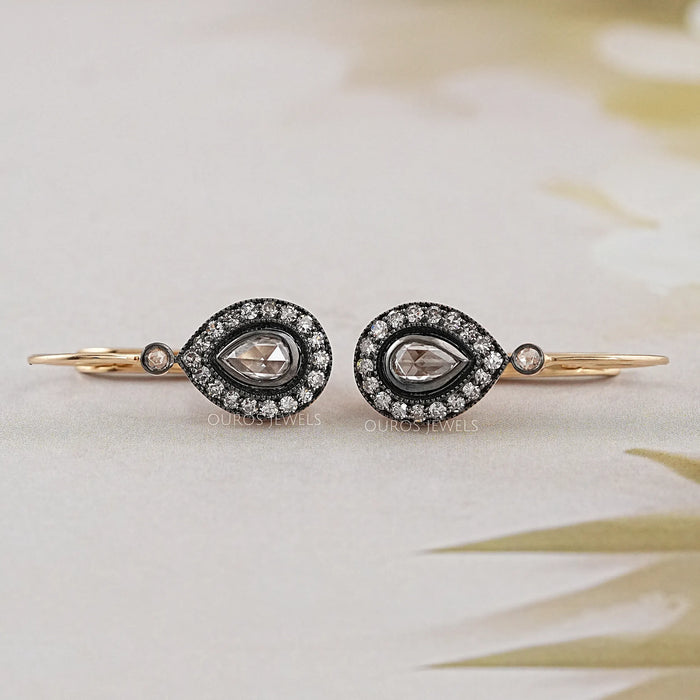 Rose Cut Pear Halo Diamond Dangle Earrings